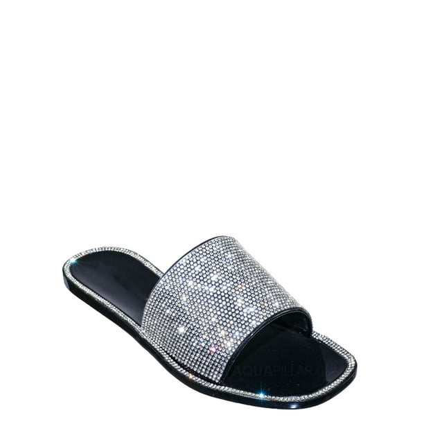 Womens Ladies Diamante Bling Crystals Sliders Sandals